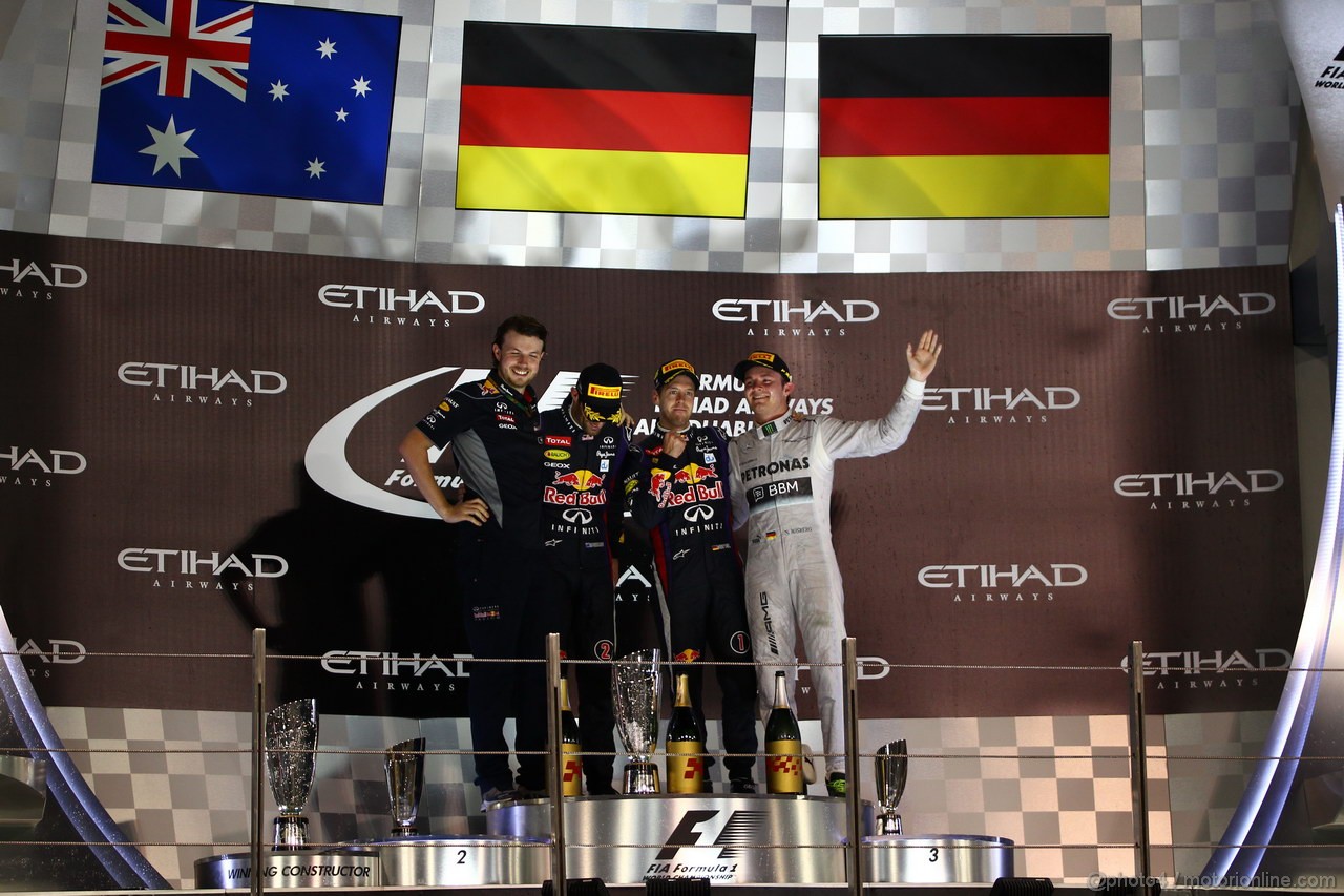 GP ABU DHABI, 03.11.2013- The Podium, winner Sebastian Vettel (GER) Red Bull Racing RB9, 2nd Mark Webber (AUS) Red Bull Racing RB9, 3rd Nico Rosberg (GER) Mercedes AMG F1 W04