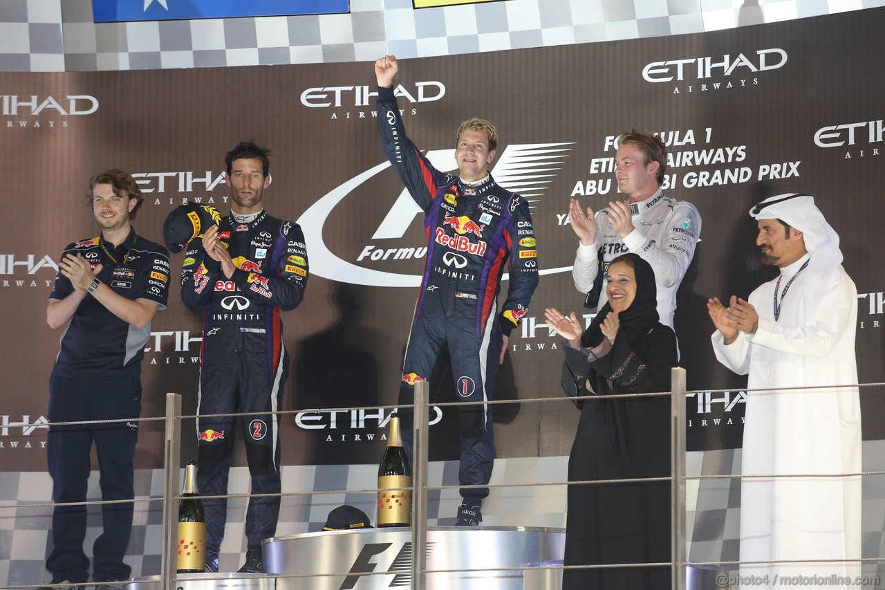 GP ABU DHABI, 03.11.2013- Podium., winner Sebastian Vettel (GER) Red Bull Racing RB9, 2nd Mark Webber (AUS) Red Bull Racing RB9, 3rd Nico Rosberg (GER) Mercedes AMG F1 W04
