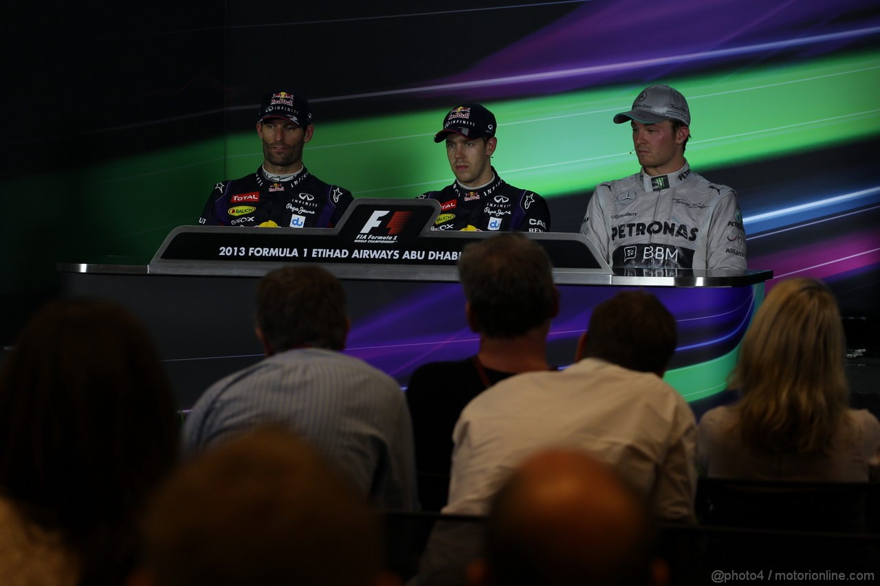 GP ABU DHABI, 03.11.2013- After Gara Press Conference, winner Sebastian Vettel (GER) Red Bull Racing RB9, 2nd Mark Webber (AUS) Red Bull Racing RB9 3rd Nico Rosberg (GER) Mercedes AMG F1 W04 