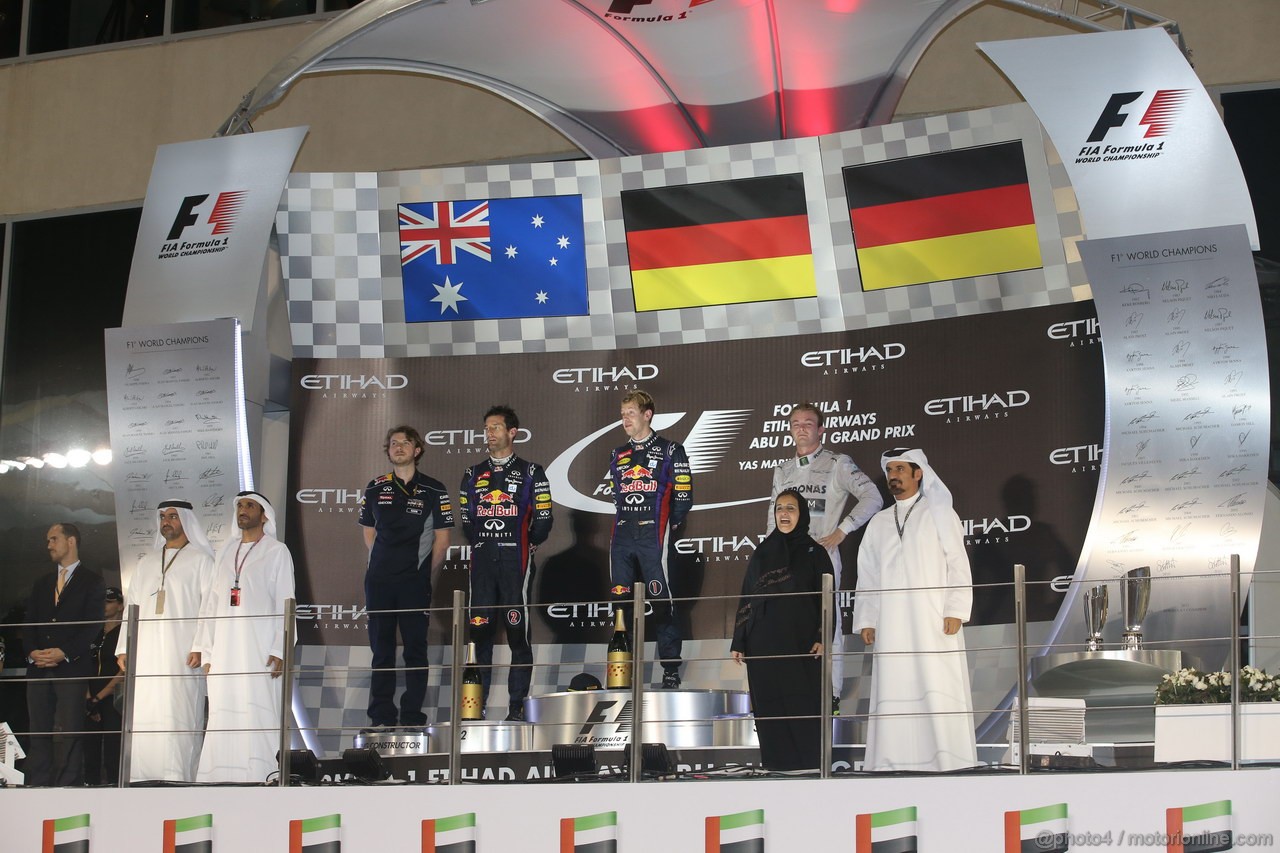 GP ABU DHABI, 03.11.2013- Podium., winner Sebastian Vettel (GER) Red Bull Racing RB9, 2nd Mark Webber (AUS) Red Bull Racing RB9, 3rd Nico Rosberg (GER) Mercedes AMG F1 W04