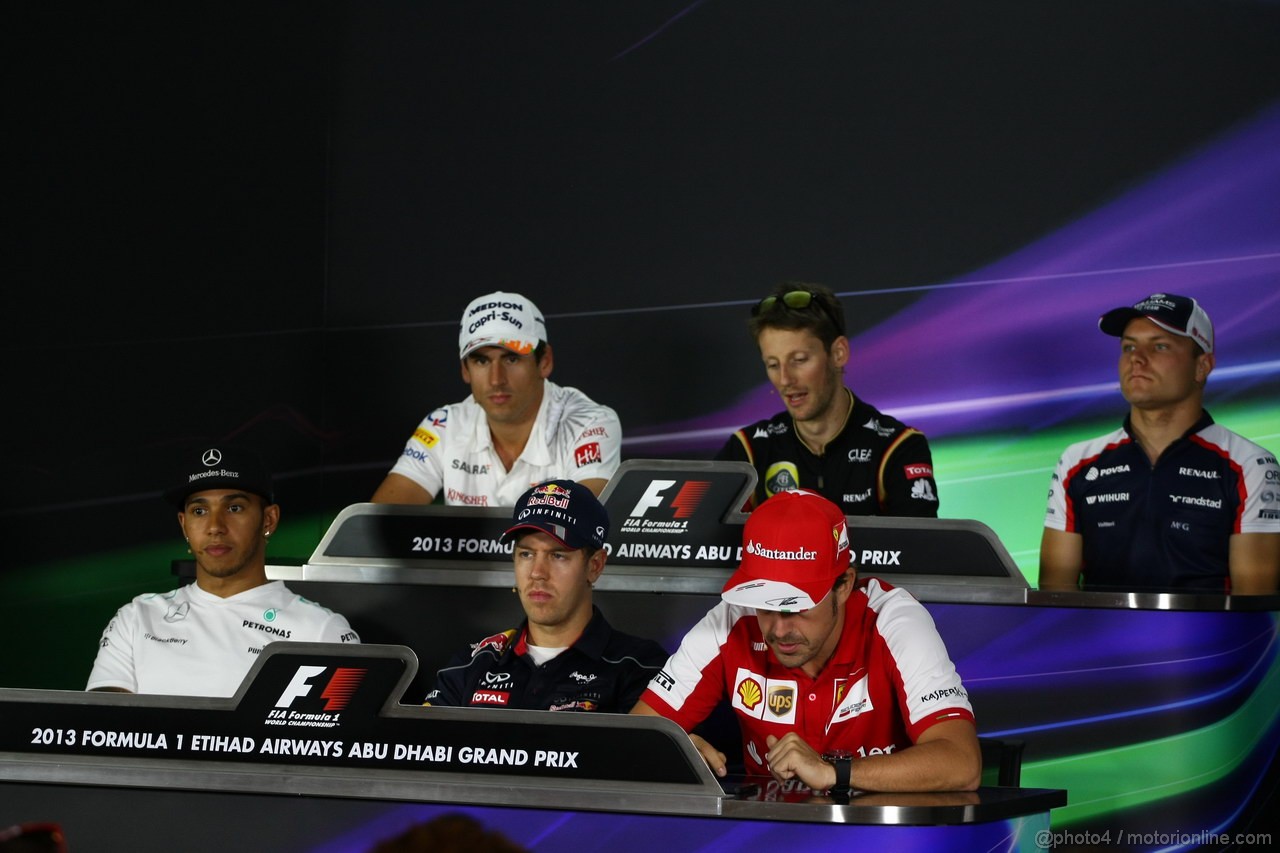 GP ABU DHABI, 31.10.2013- Giovedi' Press Conference, T TO b e L to R Adrian Sutil (GER), Sahara Force India F1 Team VJM06, Romain Grosjean (FRA) Lotus F1 Team E213, Valtteri Bottas (FIN), Williams F1 Team FW35, Lewis Hamilton (GBR) Mercedes AMG F1 W04, Sebastian Vettel (GER) Red Bull Racing RB9, Fernando Alonso (ESP) Ferrari F138