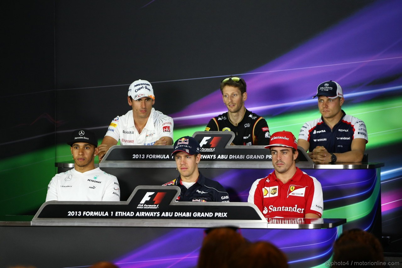 GP ABU DHABI, 31.10.2013- Giovedi' Press Conference, T TO b e L to R Adrian Sutil (GER), Sahara Force India F1 Team VJM06, Romain Grosjean (FRA) Lotus F1 Team E213, Valtteri Bottas (FIN), Williams F1 Team FW35, Lewis Hamilton (GBR) Mercedes AMG F1 W04, Sebastian Vettel (GER) Red Bull Racing RB9, Fernando Alonso (ESP) Ferrari F138