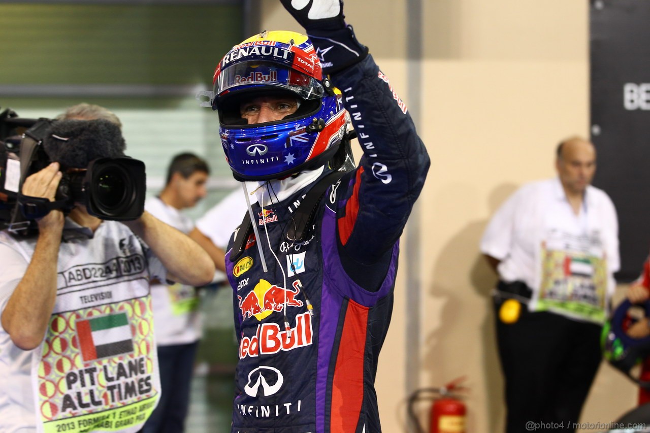 GP ABU DHABI, 02.11.2013- Qualifiche Parc Ferme Festeggiamenti, Pole position Mark Webber (AUS) Red Bull Racing RB9, 2nd Sebastian Vettel (GER) Red Bull Racing RB9, e 3rd Nico Rosberg (GER) Mercedes AMG F1 W04