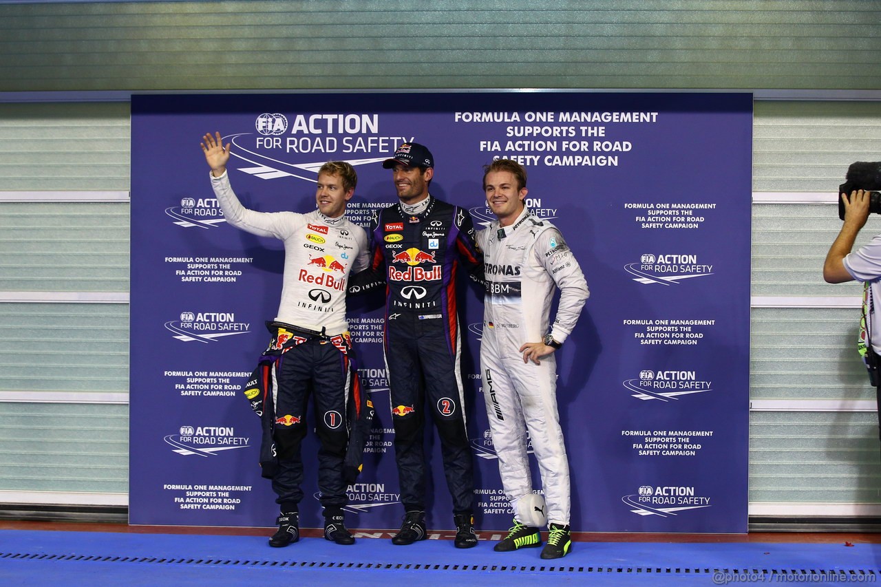 GP ABU DHABI, 02.11.2013- Qualifiche Parc Ferme Festeggiamenti, Pole position Mark Webber (AUS) Red Bull Racing RB9, 2nd Sebastian Vettel (GER) Red Bull Racing RB9, e 3rd Nico Rosberg (GER) Mercedes AMG F1 W04