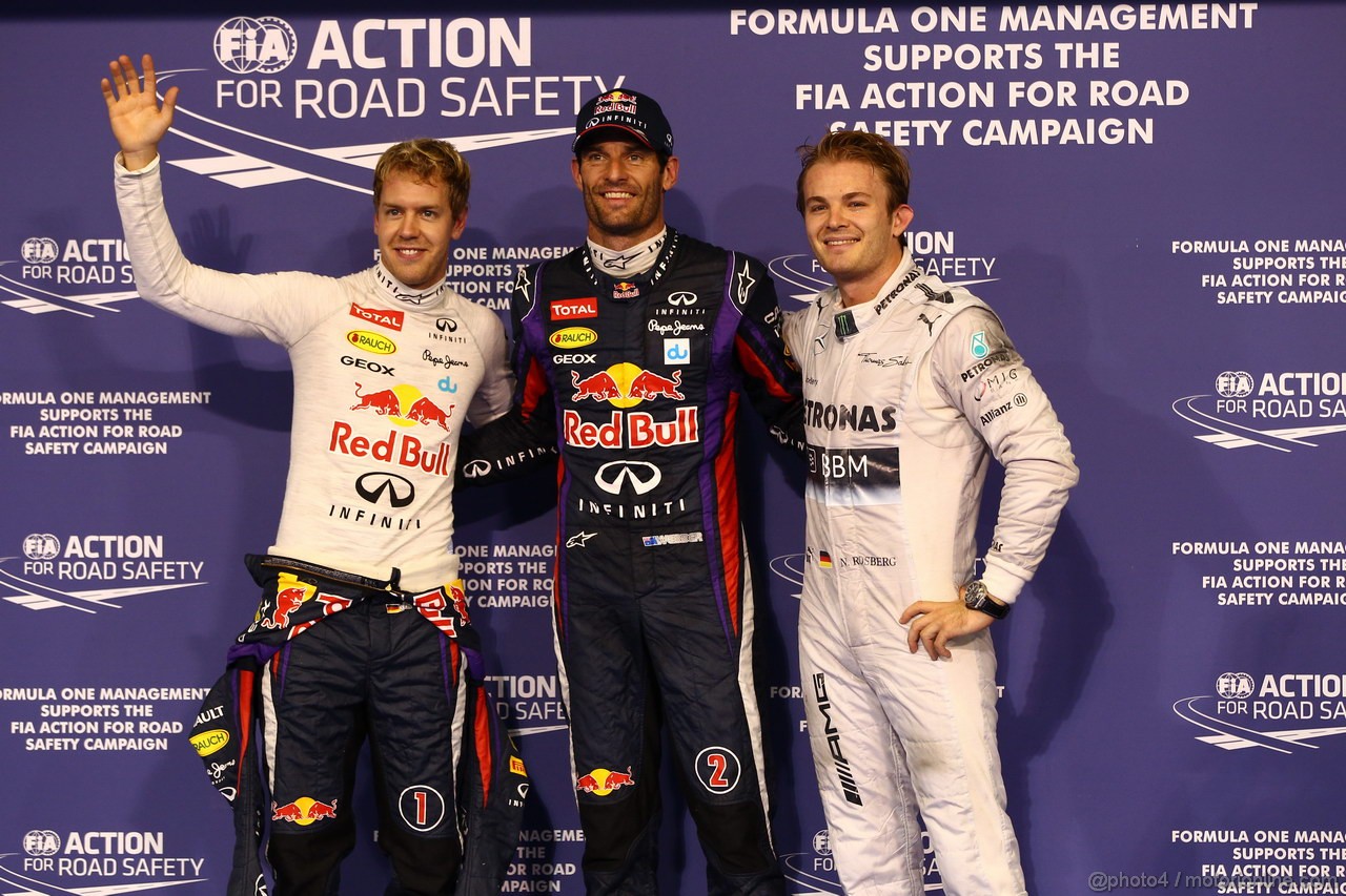GP ABU DHABI, 02.11.2013- Qualifiche Parc Ferme Festeggiamenti, Pole position Mark Webber (AUS) Red Bull Racing RB9, 2nd Sebastian Vettel (GER) Red Bull Racing RB9, e 3rd Nico Rosberg (GER) Mercedes AMG F1 W04