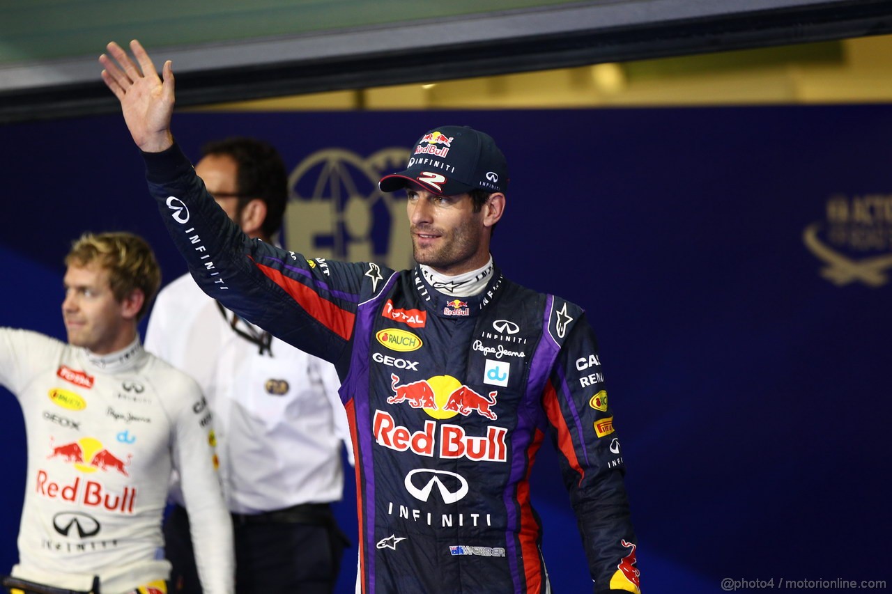 GP ABU DHABI, 02.11.2013- Qualifiche Parc Ferme Festeggiamenti, Pole position Mark Webber (AUS) Red Bull Racing RB9, 2nd Sebastian Vettel (GER) Red Bull Racing RB9, e 3rd Nico Rosberg (GER) Mercedes AMG F1 W04