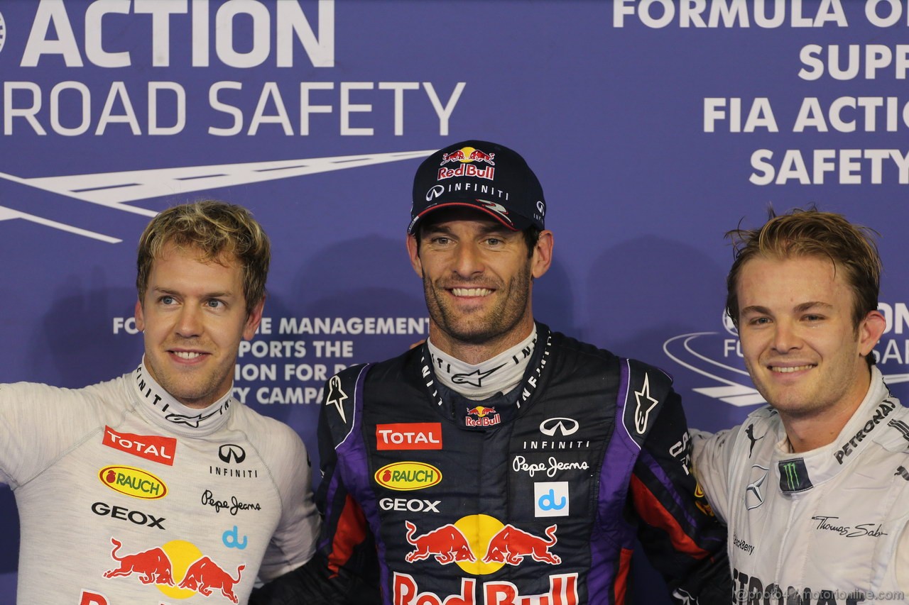 GP ABU DHABI, 02.11.2013- Qualifiche: Mark Webber (AUS) Red Bull Racing RB9 (pole position), Sebastian Vettel (GER) Red Bull Racing RB9 (secondo) e Nico Rosberg (GER) Mercedes AMG F1 W04 (terzo)