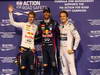 GP ABU DHABI, 02.11.2013- Qualifiche Parc Ferme Festeggiamenti, Pole position Mark Webber (AUS) Red Bull Racing RB9, 2nd Sebastian Vettel (GER) Red Bull Racing RB9, e 3rd Nico Rosberg (GER) Mercedes AMG F1 W04