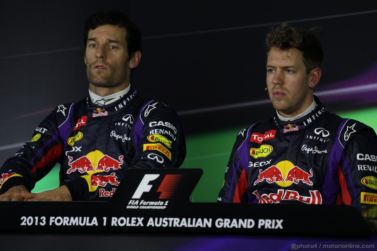 GP AUSTRALIA, 17.03.2013- Qualifiche, Conferenza Stampa, (L-D) Mark Webber (AUS) Red Bull Racing RB9 e Sebastian Vettel (GER) Red Bull Racing RB9 