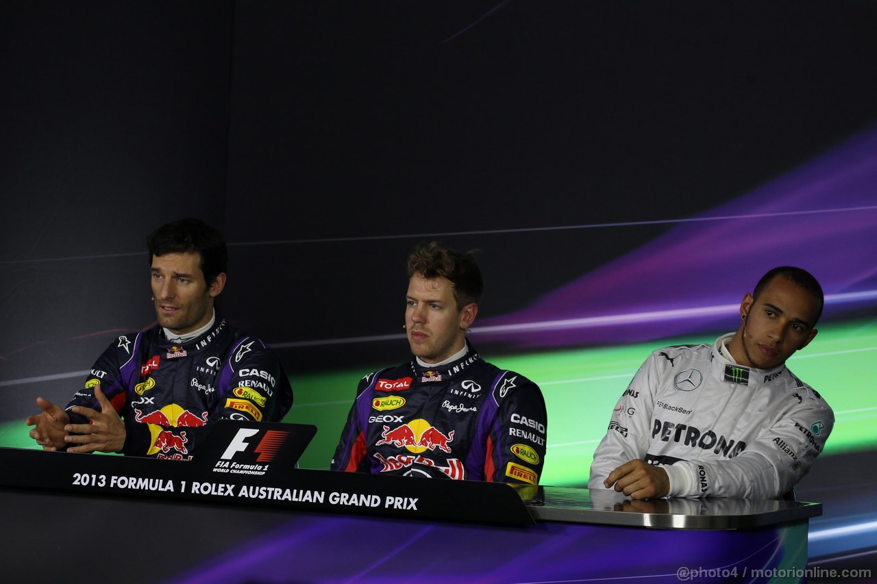 GP AUSTRALIA, 17.03.2013- Qualifiche, Conferenza Stampa, (L-D) Mark Webber (AUS) Red Bull Racing RB9, Sebastian Vettel (GER) Red Bull Racing RB9 e Lewis Hamilton (GBR) Mercedes AMG F1 W04 