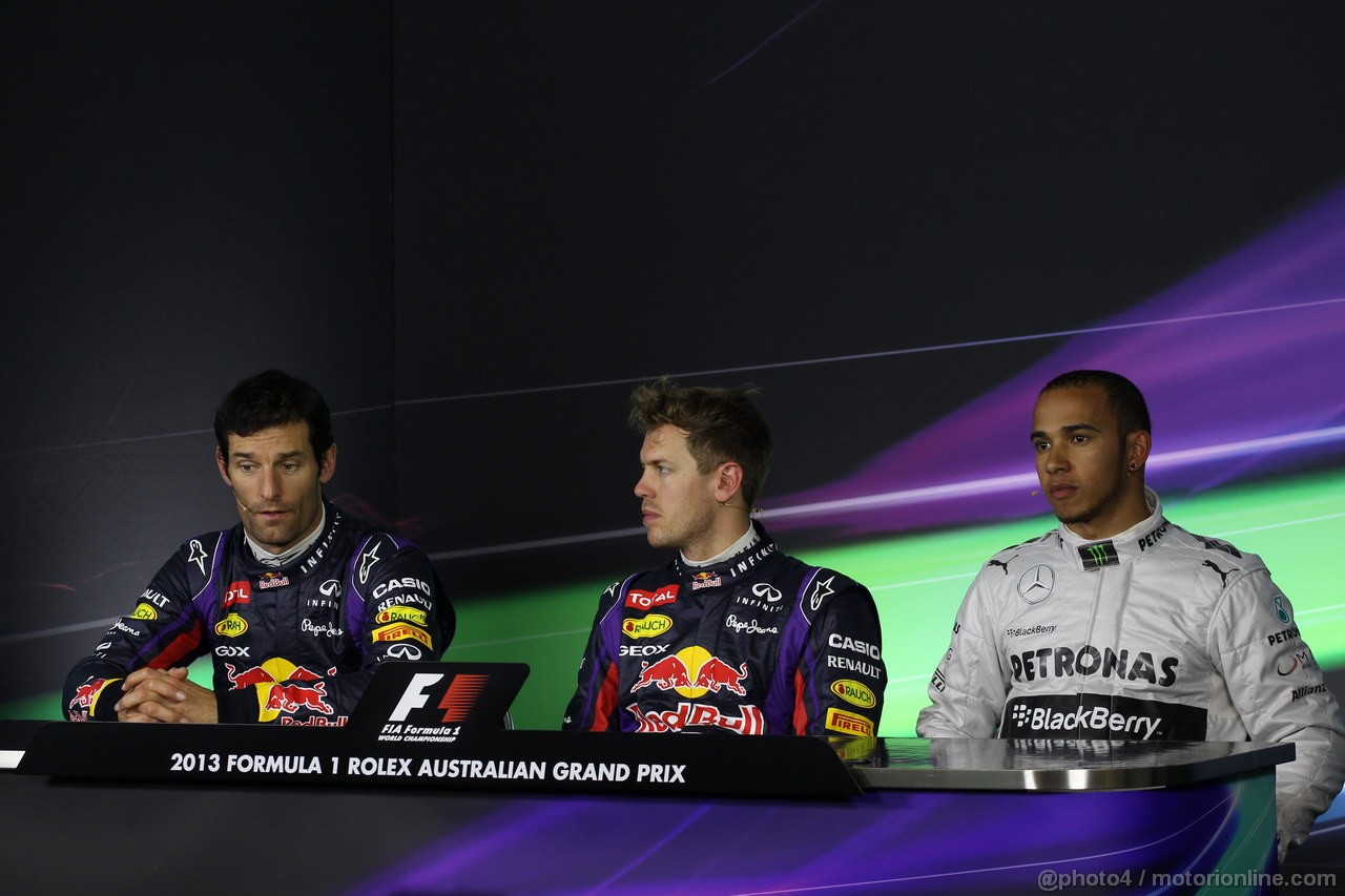 GP AUSTRALIA, 17.03.2013- Qualifiche, Conferenza Stampa, (L-D) Mark Webber (AUS) Red Bull Racing RB9 e Sebastian Vettel (GER) Red Bull Racing RB9 e Lewis Hamilton (GBR) Mercedes AMG F1 W04 