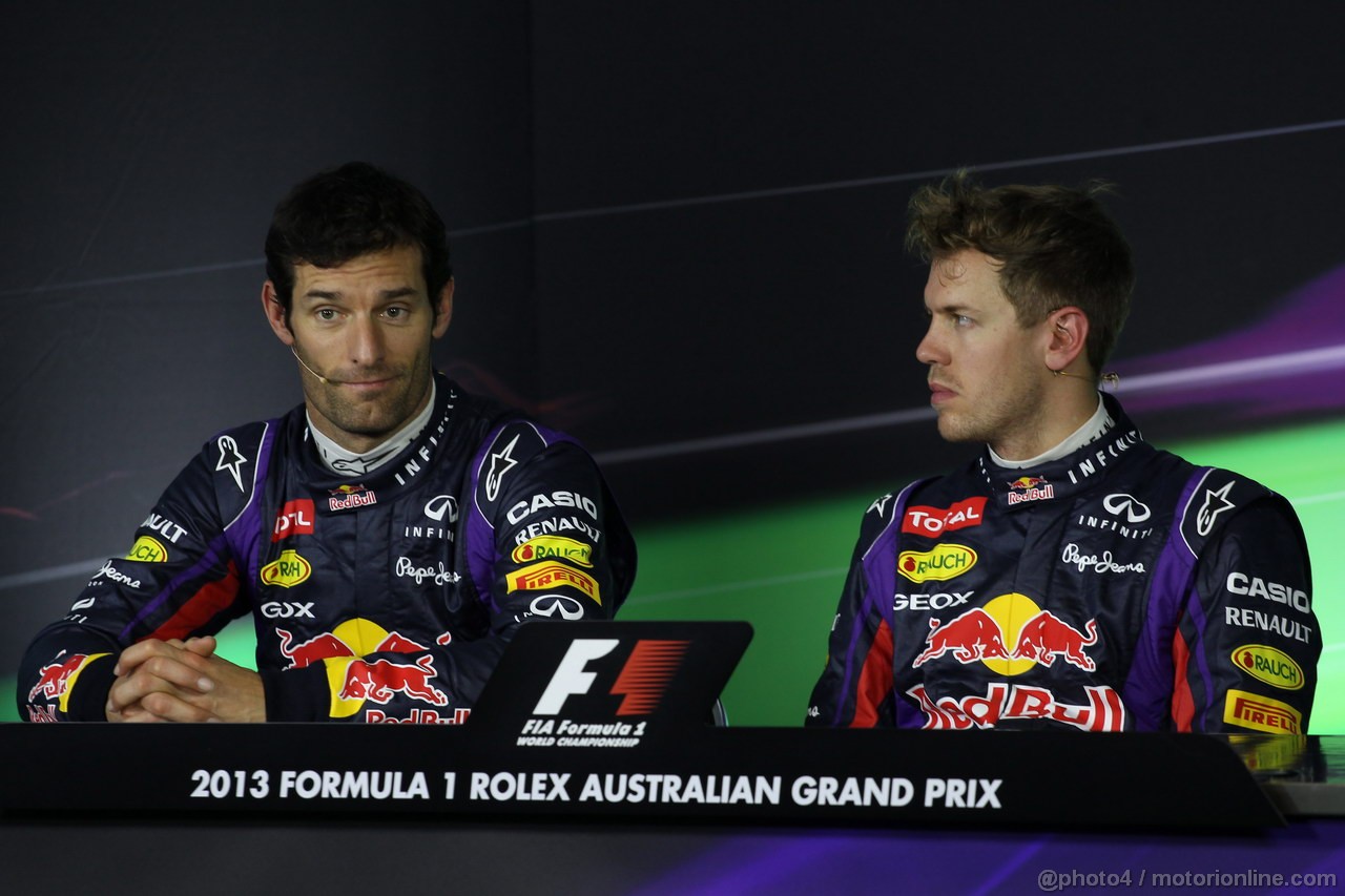 GP AUSTRALIA, 17.03.2013- Qualifiche, Conferenza Stampa, (L-D) Mark Webber (AUS) Red Bull Racing RB9 e Sebastian Vettel (GER) Red Bull Racing RB9