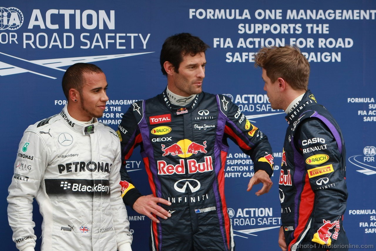 GP AUSTRALIA, 17.03.2013- Qualifiche, (L-D) terzo Lewis Hamilton (GBR) Mercedes AMG F1 W04, secondo Mark Webber (AUS) Red Bull Racing RB9 e Sebastian Vettel (GER) Red Bull Racing RB9 pole position 