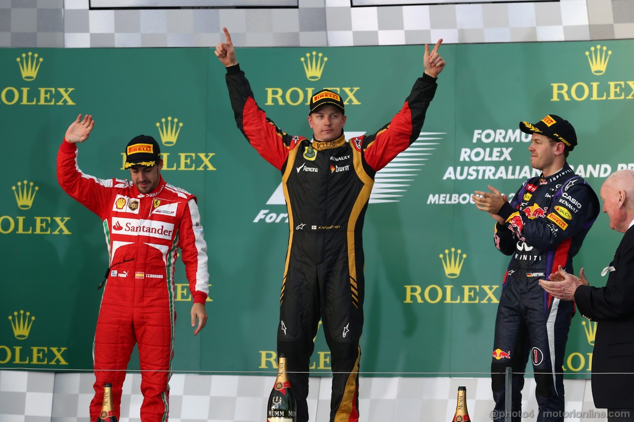 GP AUSTRALIA, 17.03.2013- Gara, Kimi Raikkonen (FIN) Lotus F1 Team E21 vincitore, secondo Fernando Alonso (ESP) Ferrari F138 e terzo Sebastian Vettel (GER) Red Bull Racing RB9 