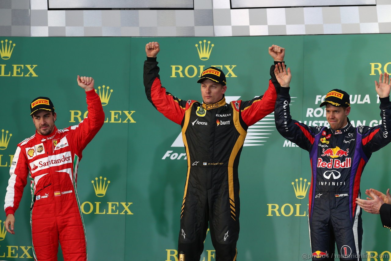 GP AUSTRALIA, 17.03.2013- Gara, Kimi Raikkonen (FIN) Lotus F1 Team E21 vincitore, secondo Fernando Alonso (ESP) Ferrari F138 e terzo Sebastian Vettel (GER) Red Bull Racing RB9 