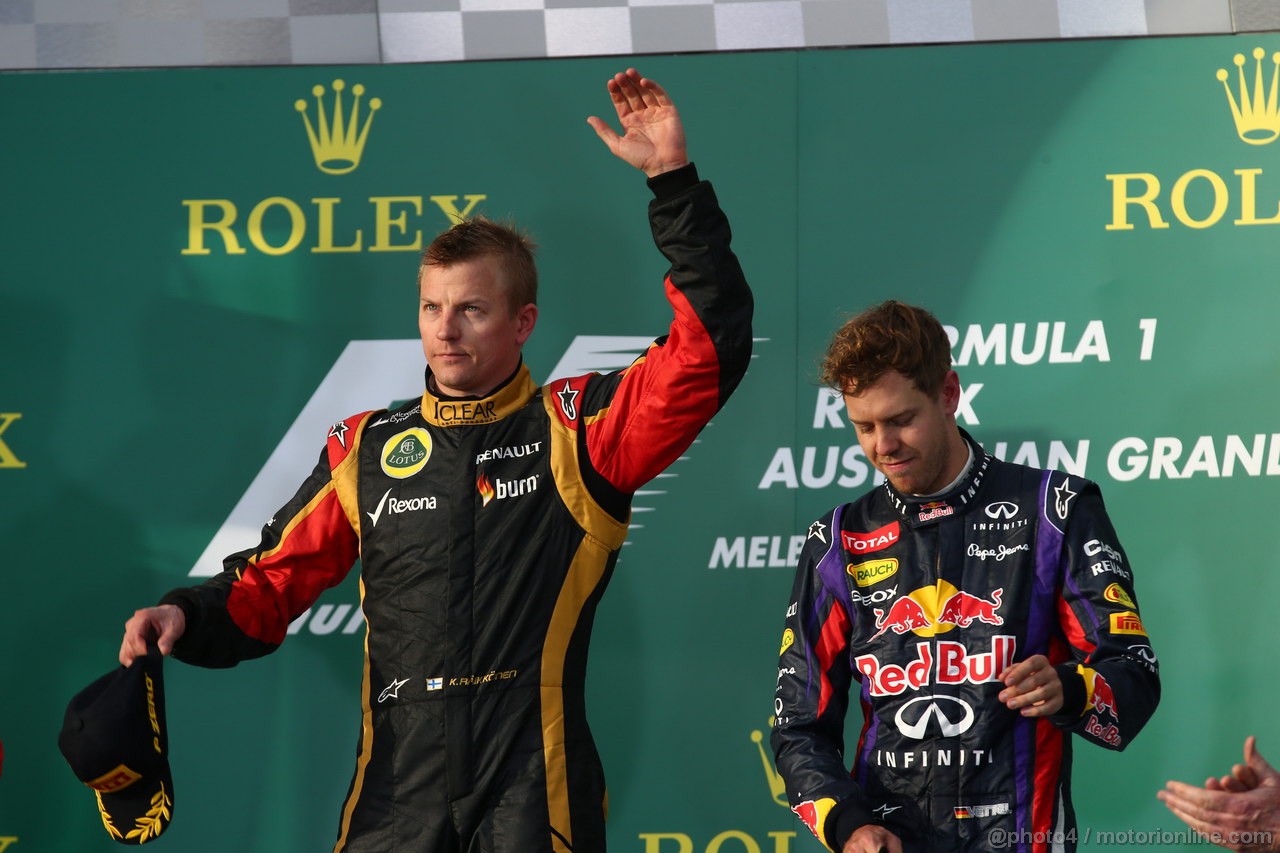 GP AUSTRALIA, 17.03.2013- Gara, Kimi Raikkonen (FIN) Lotus F1 Team E21 vincitore e terzo Sebastian Vettel (GER) Red Bull Racing RB9 