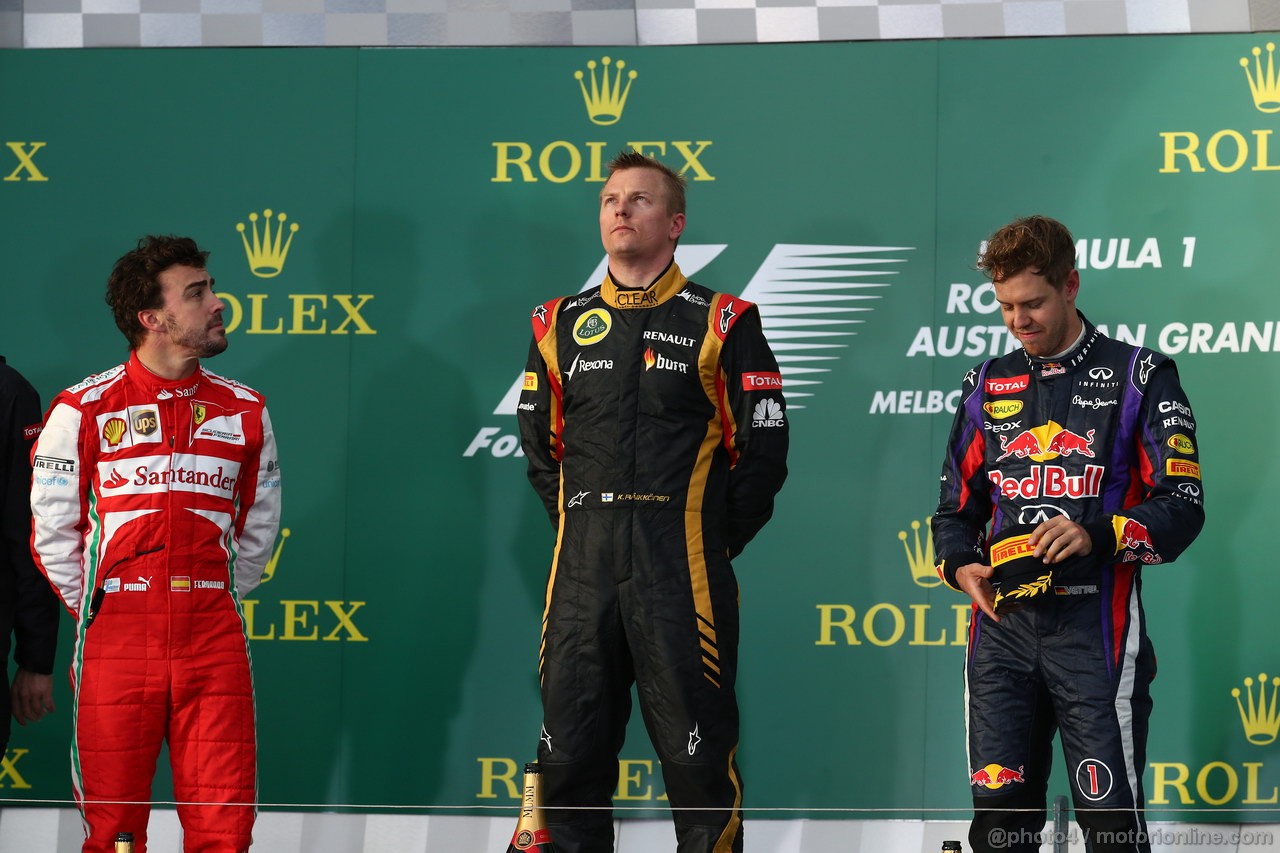 GP AUSTRALIA, 17.03.2013- Gara, Kimi Raikkonen (FIN) Lotus F1 Team E21 vincitore, secondo Fernando Alonso (ESP) Ferrari F138 e terzo Sebastian Vettel (GER) Red Bull Racing RB9 