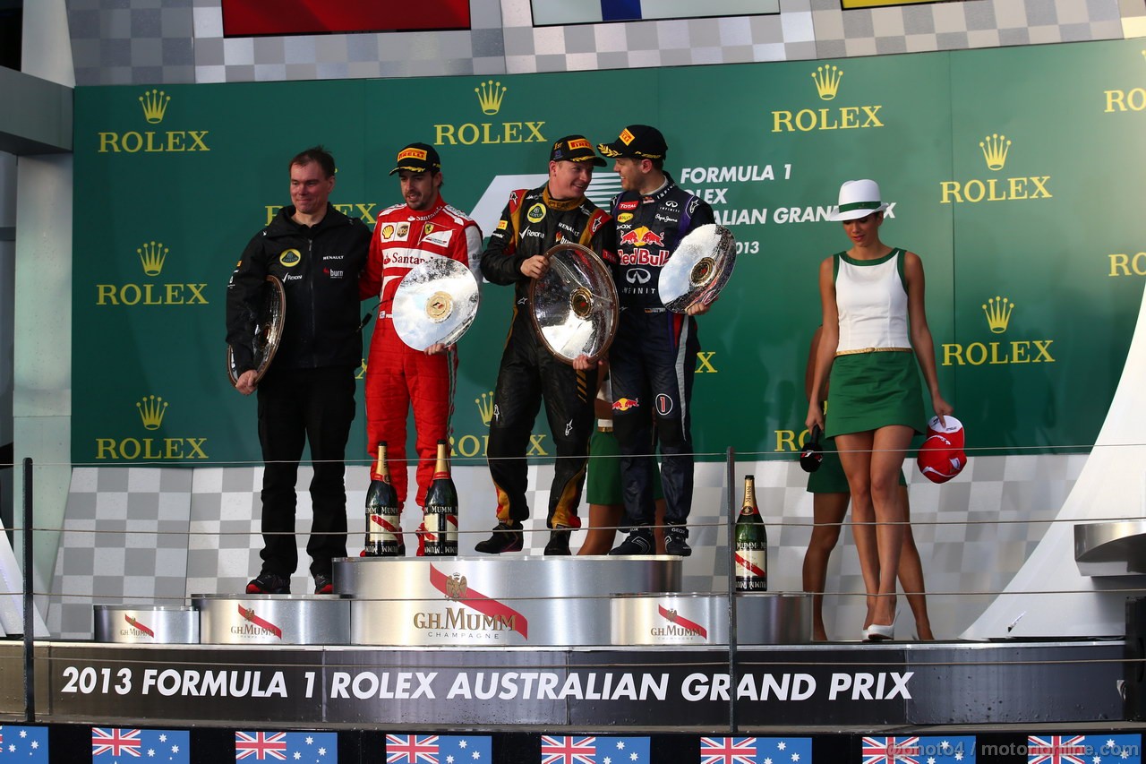 GP AUSTRALIA, 17.03.2013- Gara, Kimi Raikkonen (FIN) Lotus F1 Team E21 vincitore, secondo Fernando Alonso (ESP) Ferrari F138 e terzo Sebastian Vettel (GER) Red Bull Racing RB9 