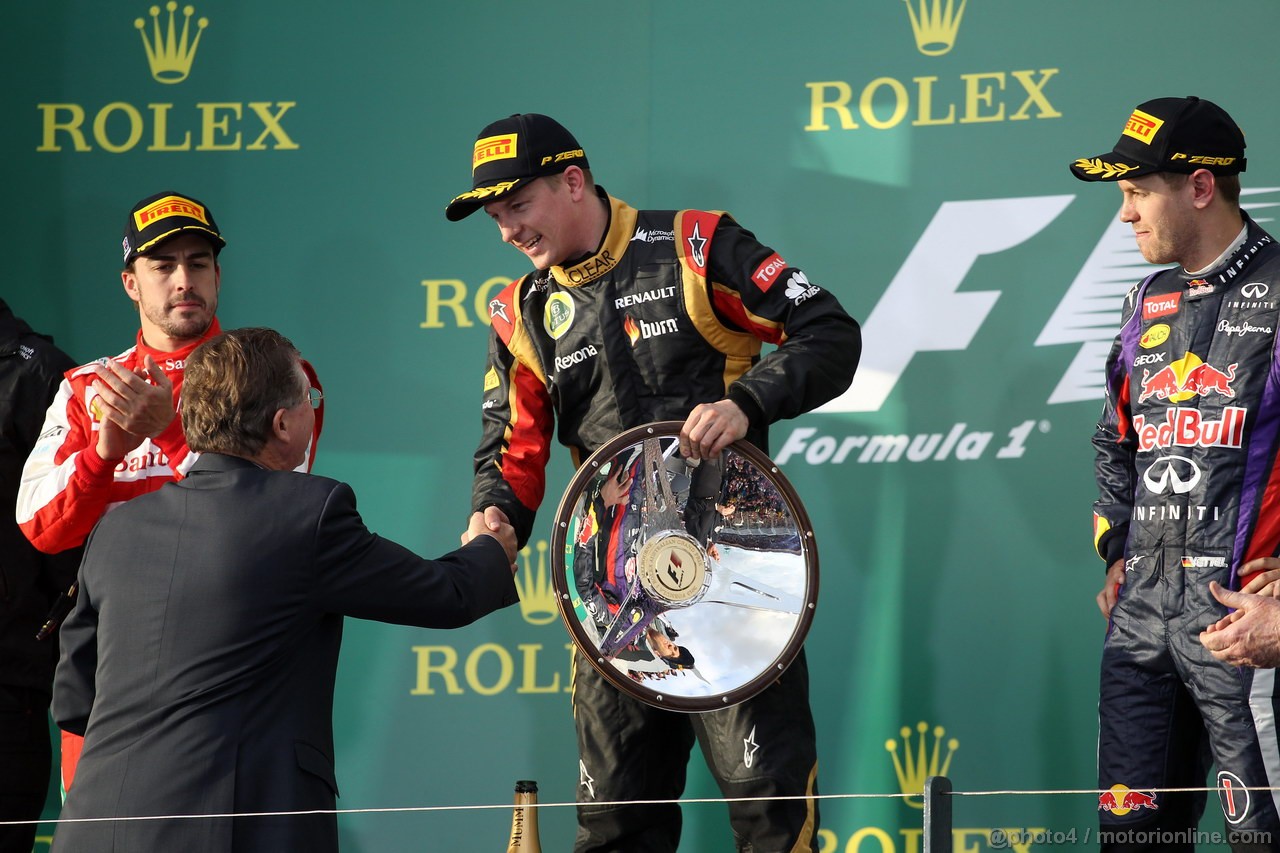 GP AUSTRALIA, 17.03.2013- Gara, Kimi Raikkonen (FIN) Lotus F1 Team E21 vincitore, secondo Fernando Alonso (ESP) Ferrari F138 e terzo Sebastian Vettel (GER) Red Bull Racing RB9