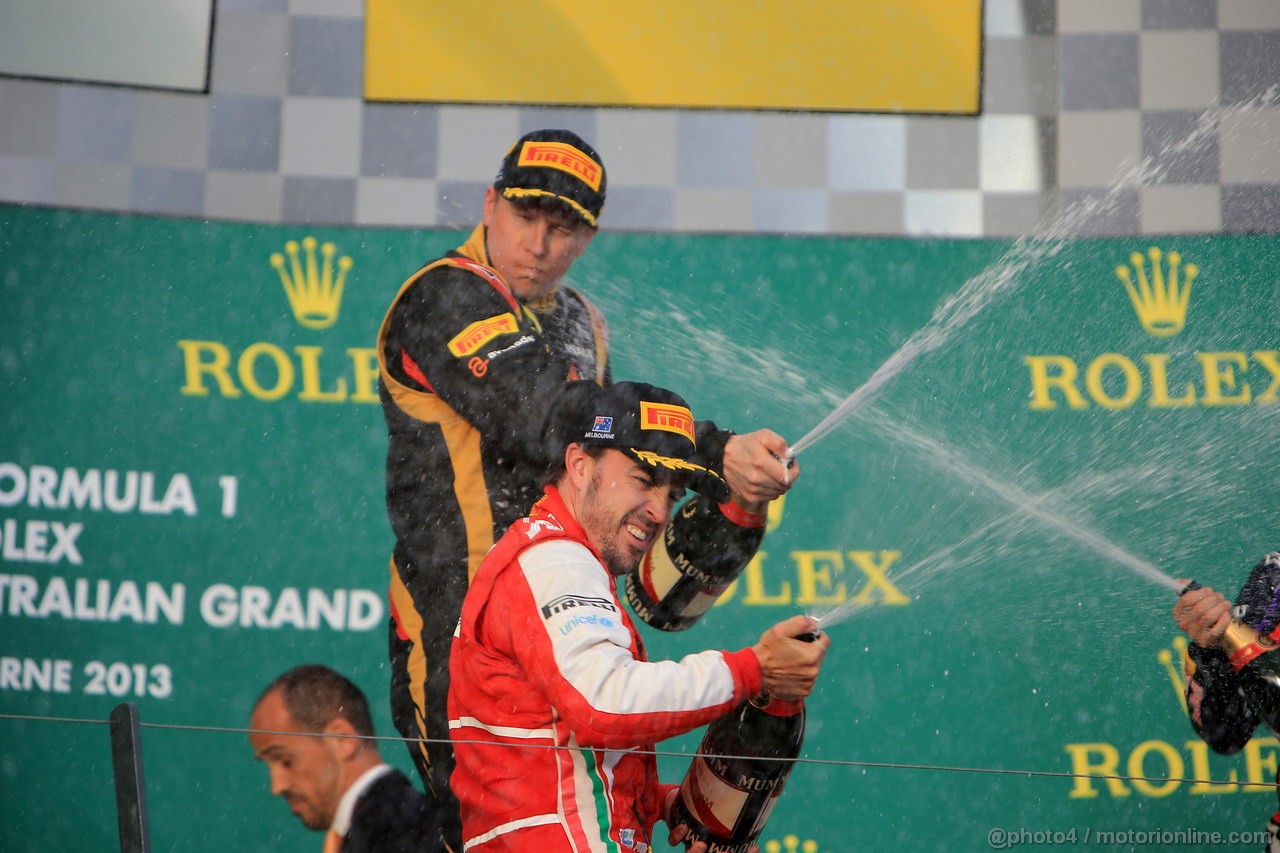 GP AUSTRALIA, 17.03.2013- Gara, Kimi Raikkonen (FIN) Lotus F1 Team E21 vincitore, secondo Fernando Alonso (ESP) Ferrari F138 e terzo Sebastian Vettel (GER) Red Bull Racing RB9
