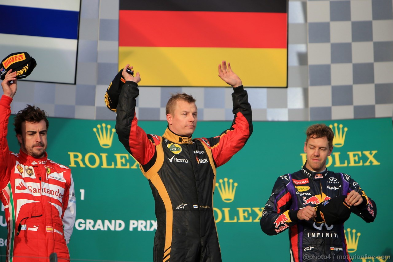 GP AUSTRALIA, 17.03.2013- Gara, Kimi Raikkonen (FIN) Lotus F1 Team E21 vincitore, secondo Fernando Alonso (ESP) Ferrari F138 e terzo Sebastian Vettel (GER) Red Bull Racing RB9