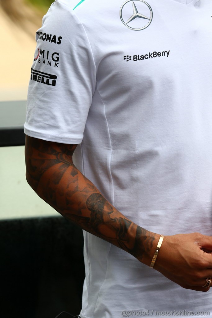 GP AUSTRALIA, 14.03.2013- The new tattoo of Lewis Hamilton (GBR) Mercedes AMG F1 W04