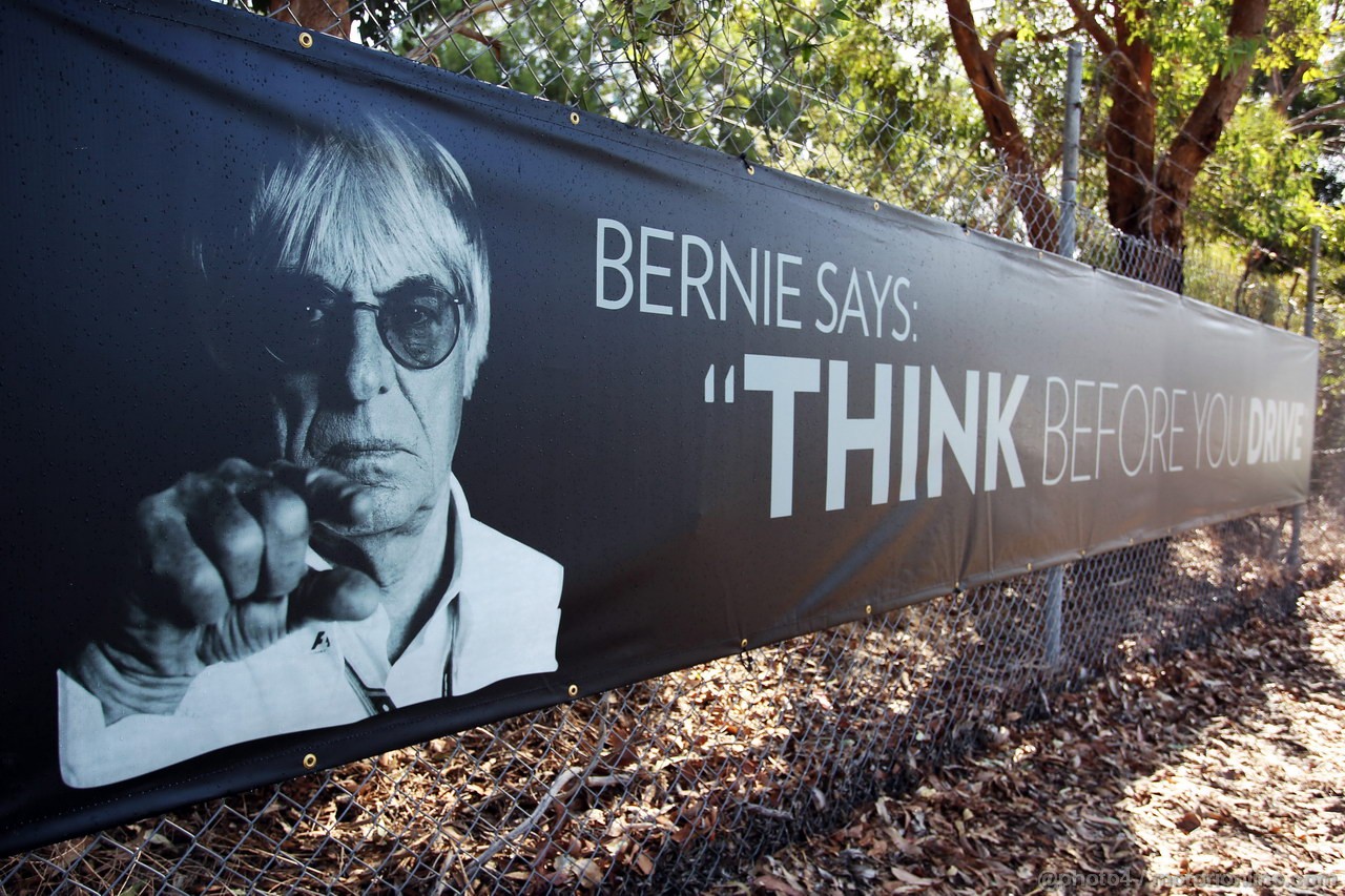 GP AUSTRALIA, Anti drink drive banner featuring Bernie Ecclestone (GBR) CEO Formula One Group (FOM) 
