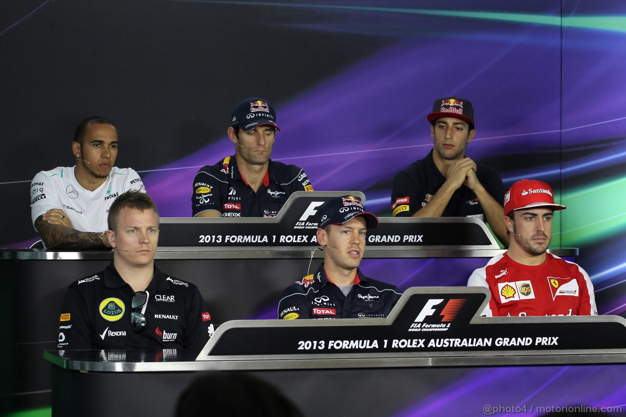 GP AUSTRALIA, 14.03.2013- Conferenza Stampa, (L-D) Lewis Hamilton (GBR) Mercedes AMG F1 W04, Mark Webber (AUS) Red Bull Racing RB9, Daniel Ricciardo (AUS) Scuderia Toro Rosso STR8, Kimi Raikkonen (FIN) Lotus F1 Team E21, Sebastian Vettel (GER) Red Bull Racing RB9 e Fernando Alonso (ESP) Ferrari F138 