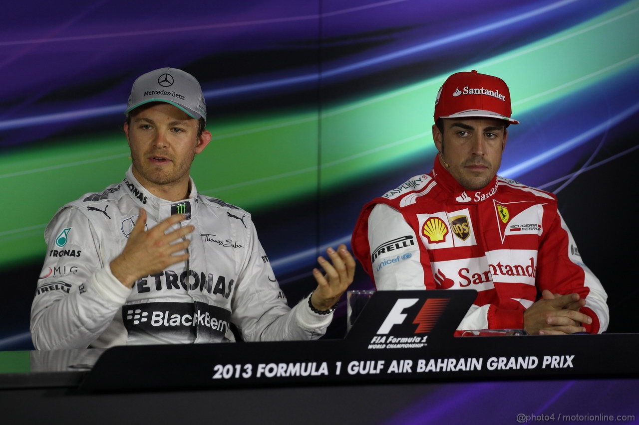 GP BAHRAIN, 20.04.2012- Qualifiche, Conferenza Stampa, Nico Rosberg (GER) Mercedes AMG F1 W04 e Fernando Alonso (ESP) Ferrari F138 