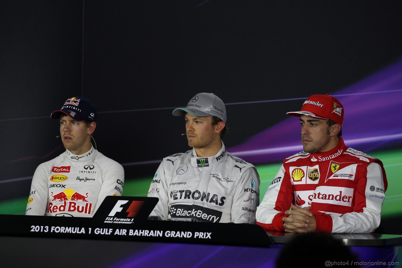 GP BAHRAIN, 20.04.2012- Qualifiche, Conferenza Stampa, (L-R) Sebastian Vettel (GER) Red Bull Racing RB9, Nico Rosberg (GER) Mercedes AMG F1 W04 e Fernando Alonso (ESP) Ferrari F138 