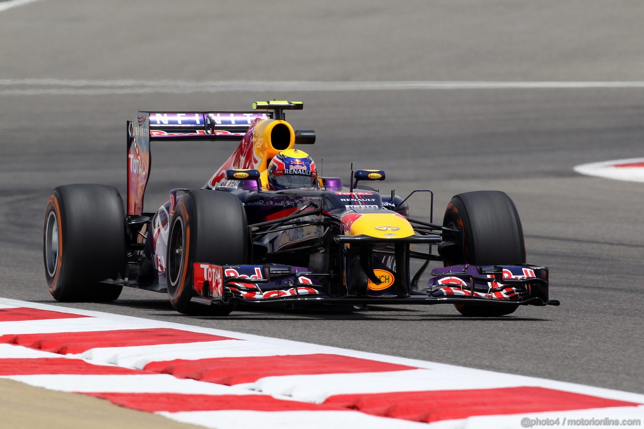 GP BAHRAIN, 19.04.2013- Prove Libere 1, Mark Webber (AUS) Red Bull Racing RB9 