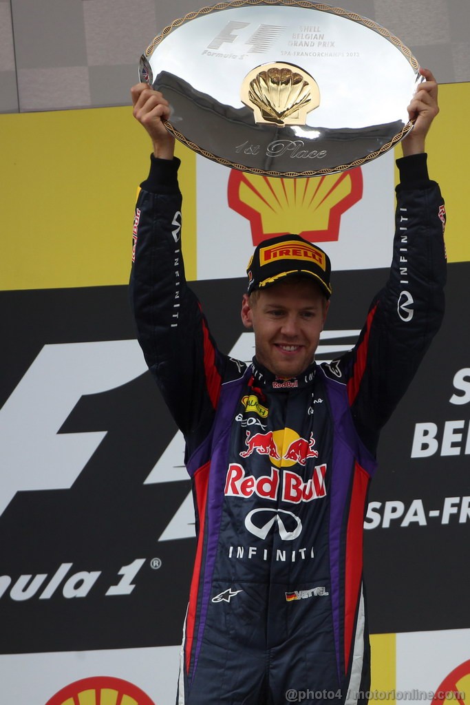 GP BELGIO, 25.08.2013-  Gara, 1st position Sebastian Vettel (GER) Red Bull Racing RB9