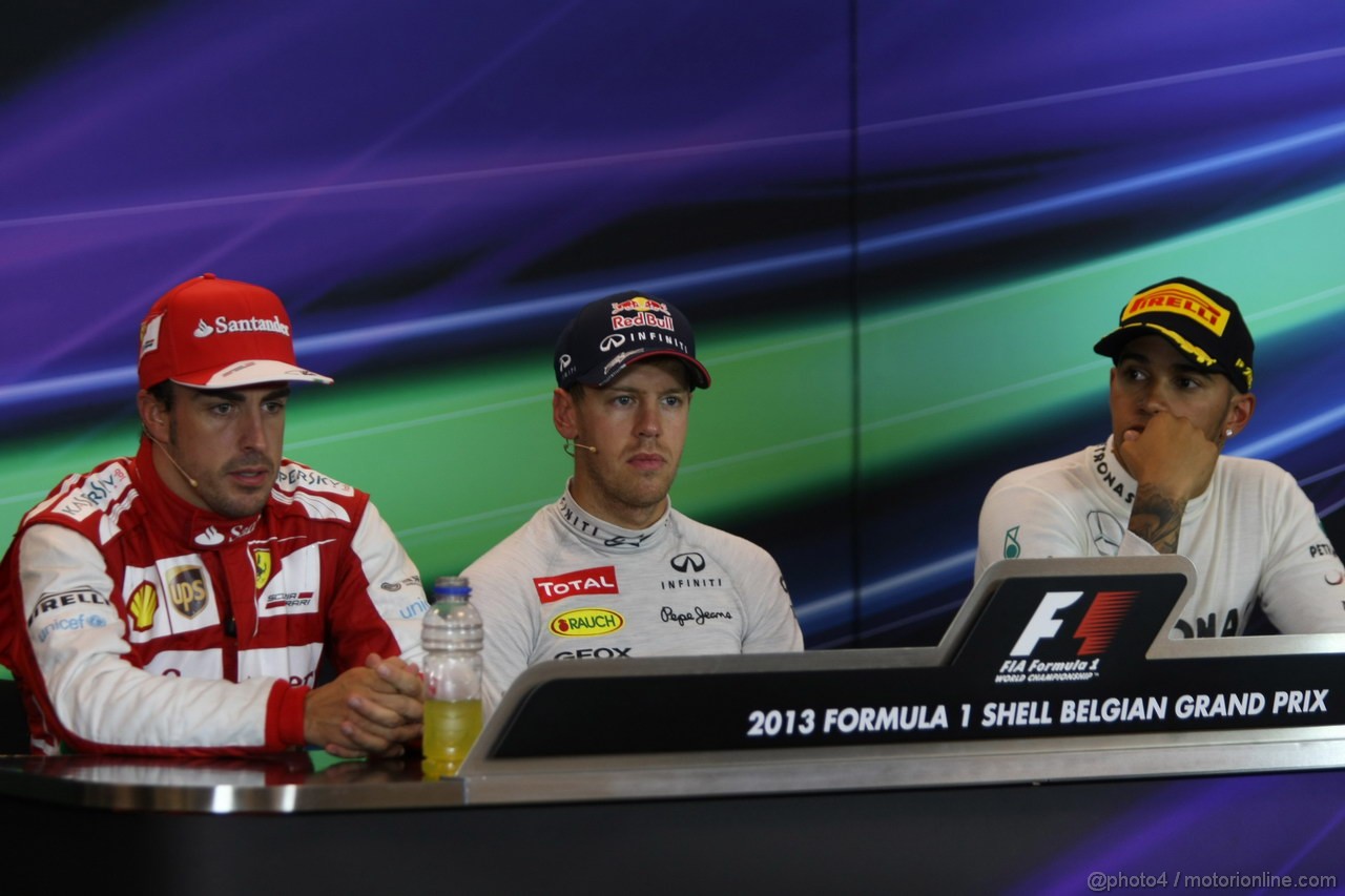GP BELGIO, 25.08.2013-  Gara, Conferenza Stampa, Fernando Alonso (ESP) Ferrari F138, Sebastian Vettel (GER) Red Bull Racing RB9 e Lewis Hamilton (GBR) Mercedes AMG F1 W04 
