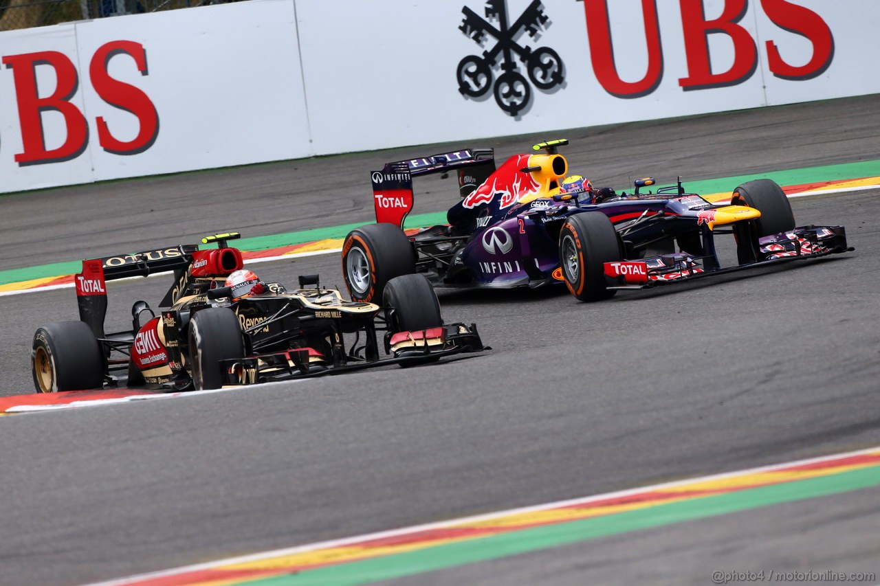 GP BELGIO, 25.08.2013-  Gara, Romain Grosjean (FRA) Lotus F1 Team E21 e Mark Webber (AUS) Red Bull Racing RB9 