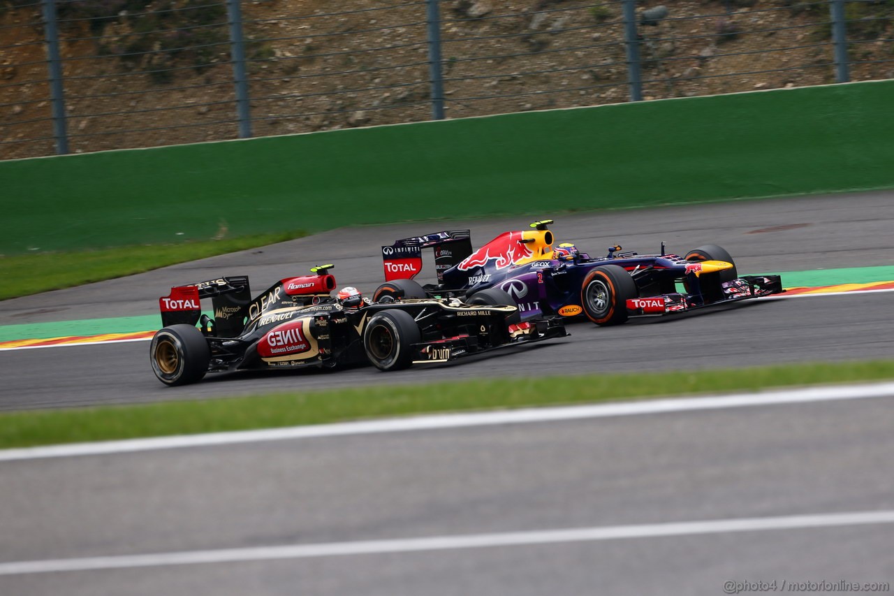 GP BELGIO, 25.08.2013-  Gara, Romain Grosjean (FRA) Lotus F1 Team E21 e Mark Webber (AUS) Red Bull Racing RB9 
