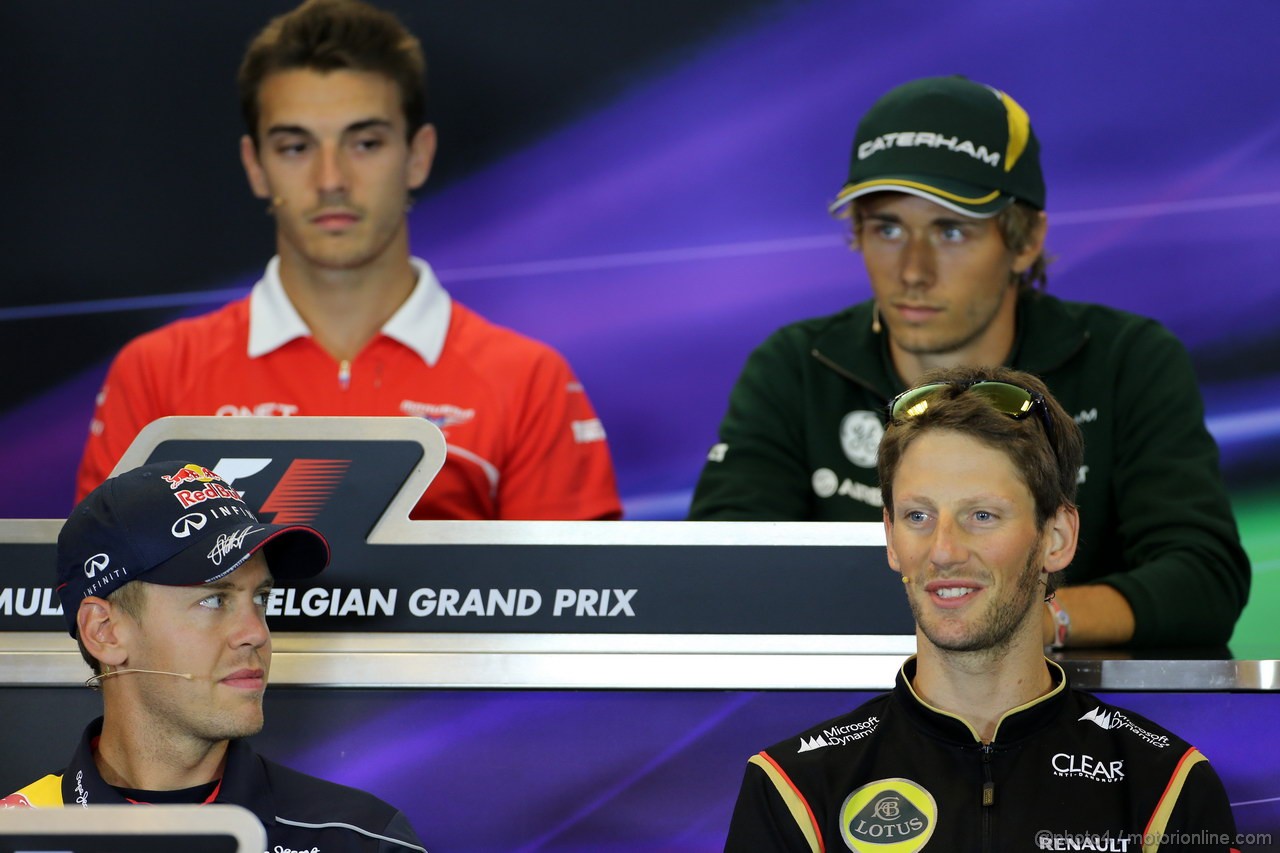 GP BELGIO, 22.08.2013- Conferenza Stampa, (L-D) Jules Bianchi (FRA) Marussia F1 Team MR02, Charles Pic (FRA) Caterham F1 Team CT03, Sebastian Vettel (GER) Red Bull Racing RB9 e Romain Grosjean (FRA) Lotus F1 Team E21 