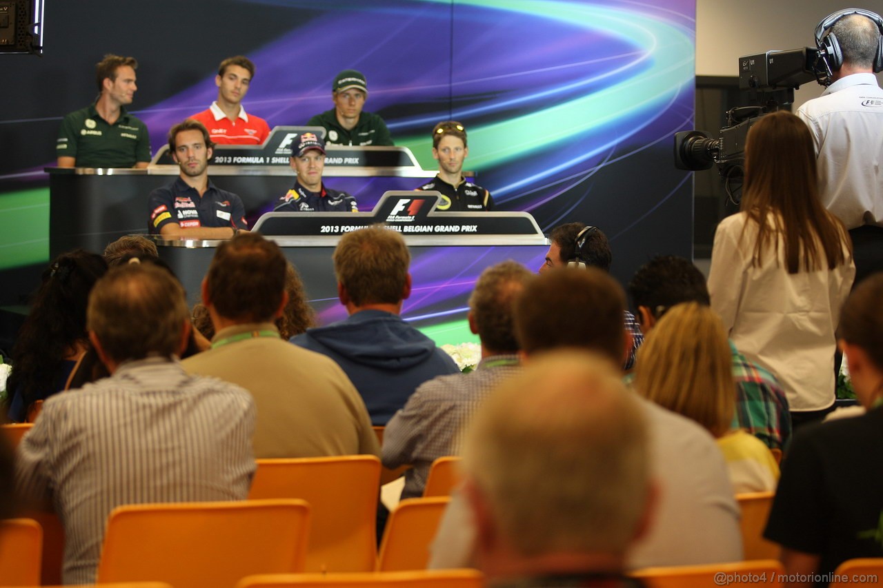 GP BELGIO, 22.08.2013- Conferenza Stampa, (L-D) Giedo Van der Garde (NED), Caterham F1 Team CT03, Jules Bianchi (FRA) Marussia F1 Team MR02, Charles Pic (FRA) Caterham F1 Team CT03, Jean-Eric Vergne (FRA) Scuderia Toro Rosso STR8, Sebastian Vettel (GER) Red Bull Racing RB9 e Romain Grosjean (FRA) Lotus F1 Team E21 