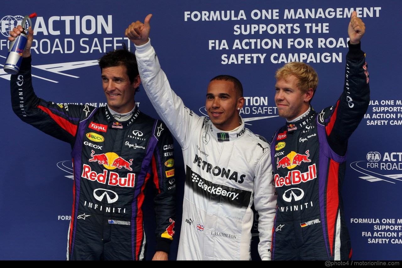 GP BELGIO, 24.08.2013- Qualifiche, Sebastian Vettel (GER) Red Bull Racing RB9 pole position, secondo Sebastian Vettel (GER) Red Bull Racing RB9 e terzo Mark Webber (AUS) Red Bull Racing RB9 