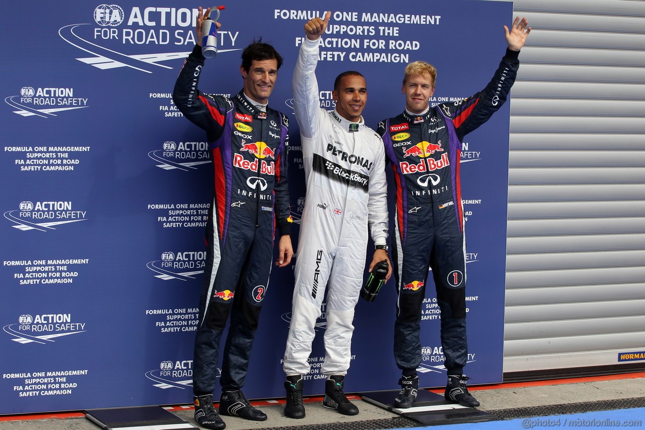 GP BELGIO, 24.08.2013- Qualifiche, Lewis Hamilton (GBR) Mercedes AMG F1 W04 pole position, Sebastian Vettel (GER) Red Bull Racing RB9 secondo e terzo Mark Webber (AUS) Red Bull Racing RB9 