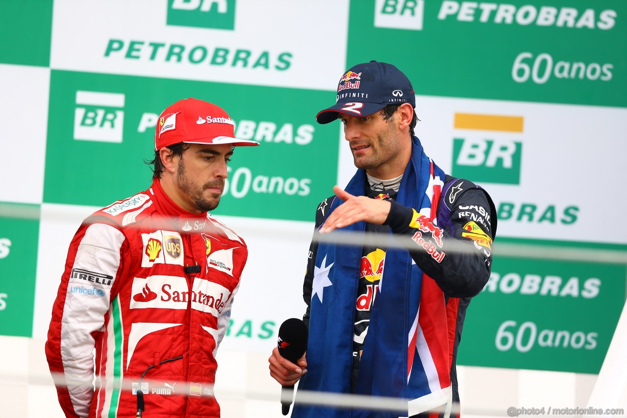 GP BRASILE, 24.11.2013 - Gara, terzo Fernando Alonso (ESP) Ferrari F138 e secondo Mark Webber (AUS) Red Bull Racing RB9 