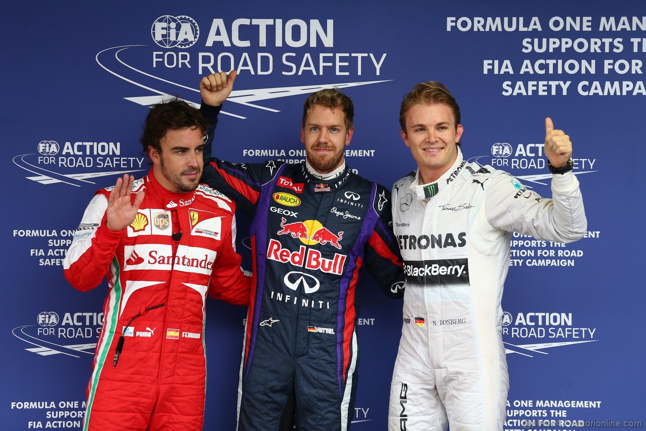 GP BRASILE, 23.11.2013- Qualifiche, terzo Fernando Alonso (ESP) Ferrari F138, Sebastian Vettel (GER) Red Bull Racing RB9 pole position e secondo Nico Rosberg (GER) Mercedes AMG F1 W04