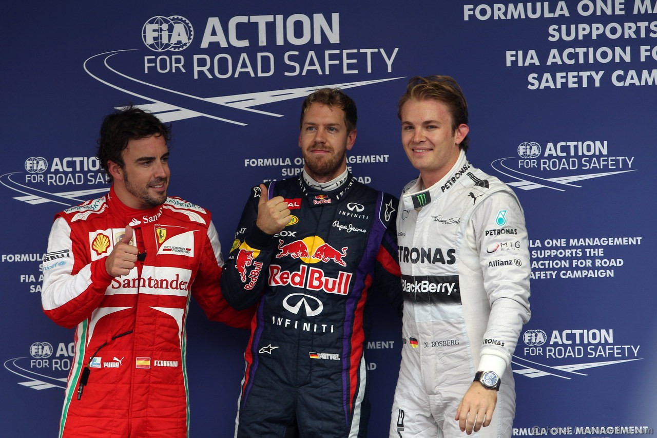 GP BRASILE, 23.11.2013- Qualifiche, terzo Fernando Alonso (ESP) Ferrari F138, Sebastian Vettel (GER) Red Bull Racing RB9 pole position e secondo Nico Rosberg (GER) Mercedes AMG F1 W04