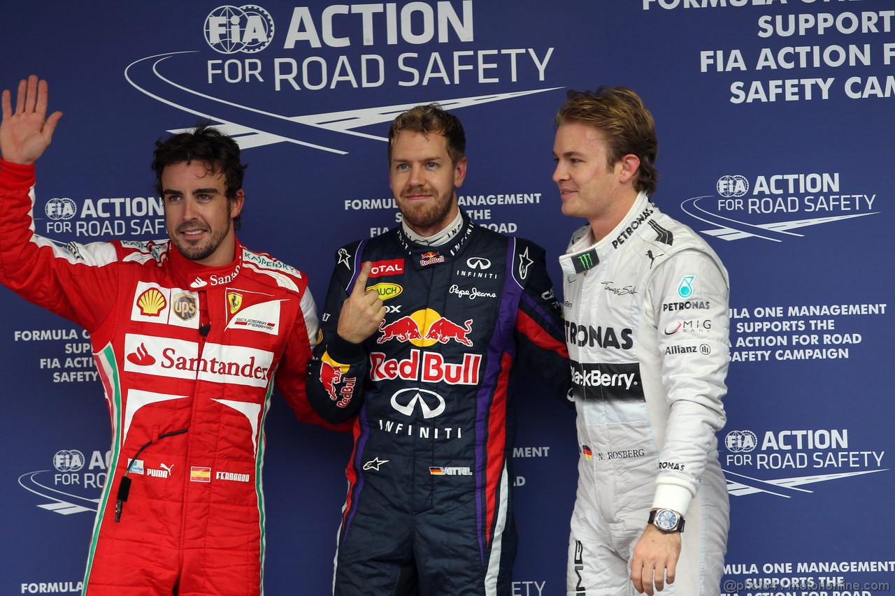 GP BRASILE, 23.11.2013- Qualifiche, terzo Fernando Alonso (ESP) Ferrari F138, Sebastian Vettel (GER) Red Bull Racing RB9 pole position e secondo Nico Rosberg (GER) Mercedes AMG F1 W04 