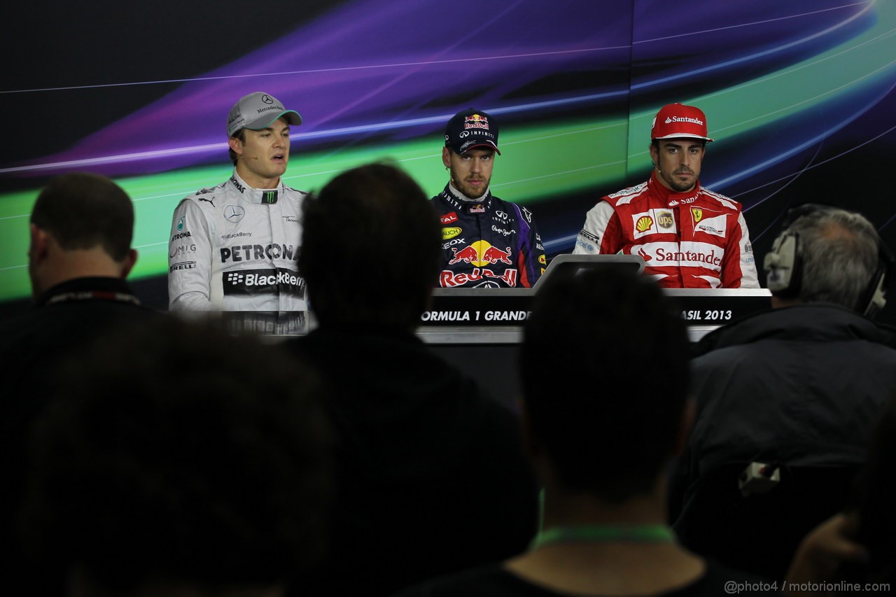 GP BRASILE, 23.11.2013- Qualifiche, Conferenza Stampa, Nico Rosberg (GER) Mercedes AMG F1 W04, Sebastian Vettel (GER) Red Bull Racing RB9 e Fernando Alonso (ESP) Ferrari F138