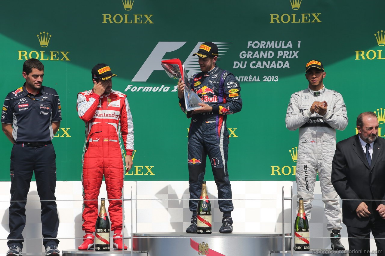 GP CANADA, 09.06.2013-  Podium: winner Sebastian Vettel (GER) Red Bull Racing RB9, 2nd Fernando Alonso (ESP) Ferrari F138, 3rd Lewis Hamilton (GBR) Mercedes AMG F1 W04