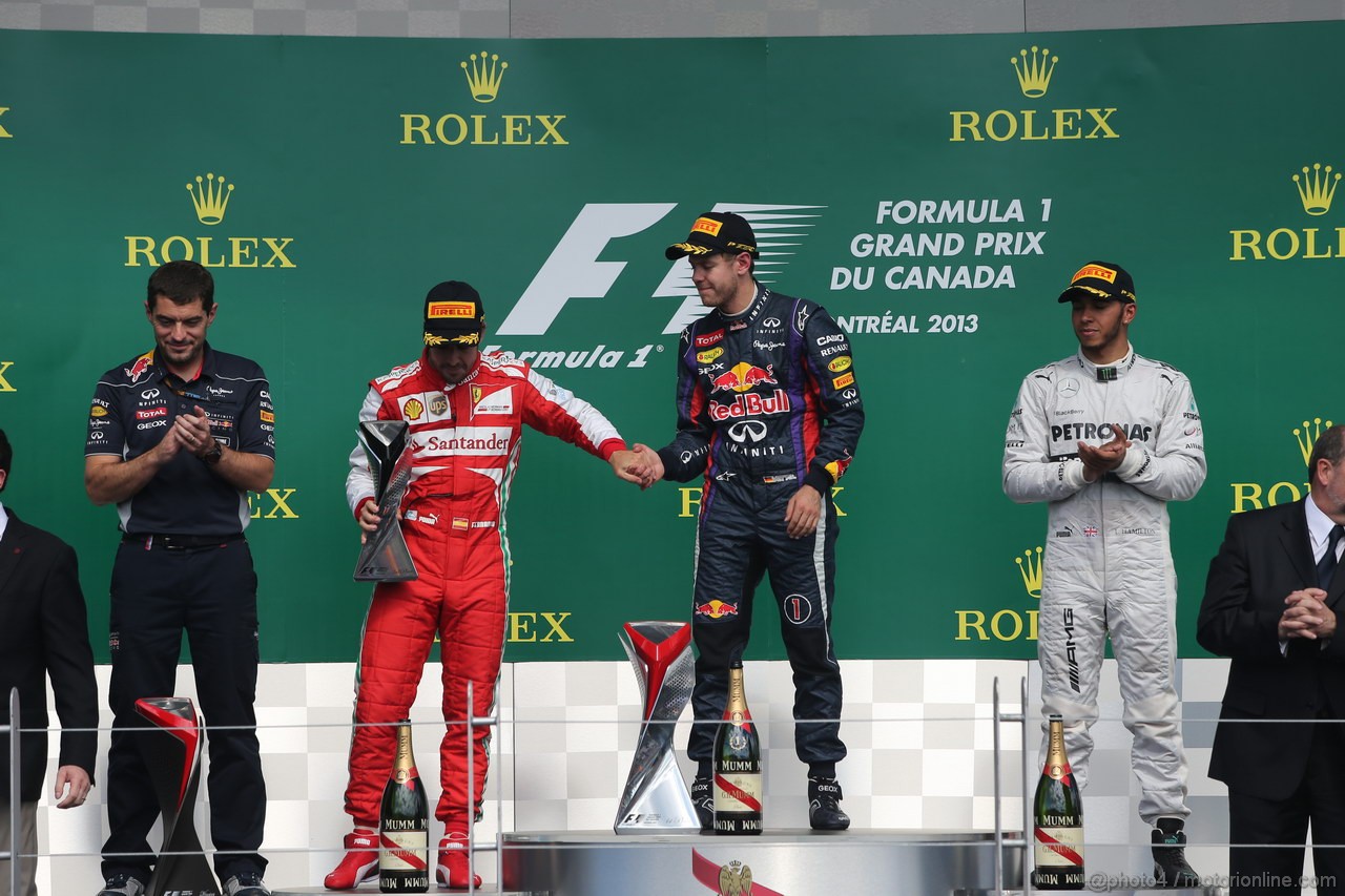 GP CANADA, 09.06.2013-  Podium: winner Sebastian Vettel (GER) Red Bull Racing RB9, 2nd Fernando Alonso (ESP) Ferrari F138, 3rd Lewis Hamilton (GBR) Mercedes AMG F1 W04