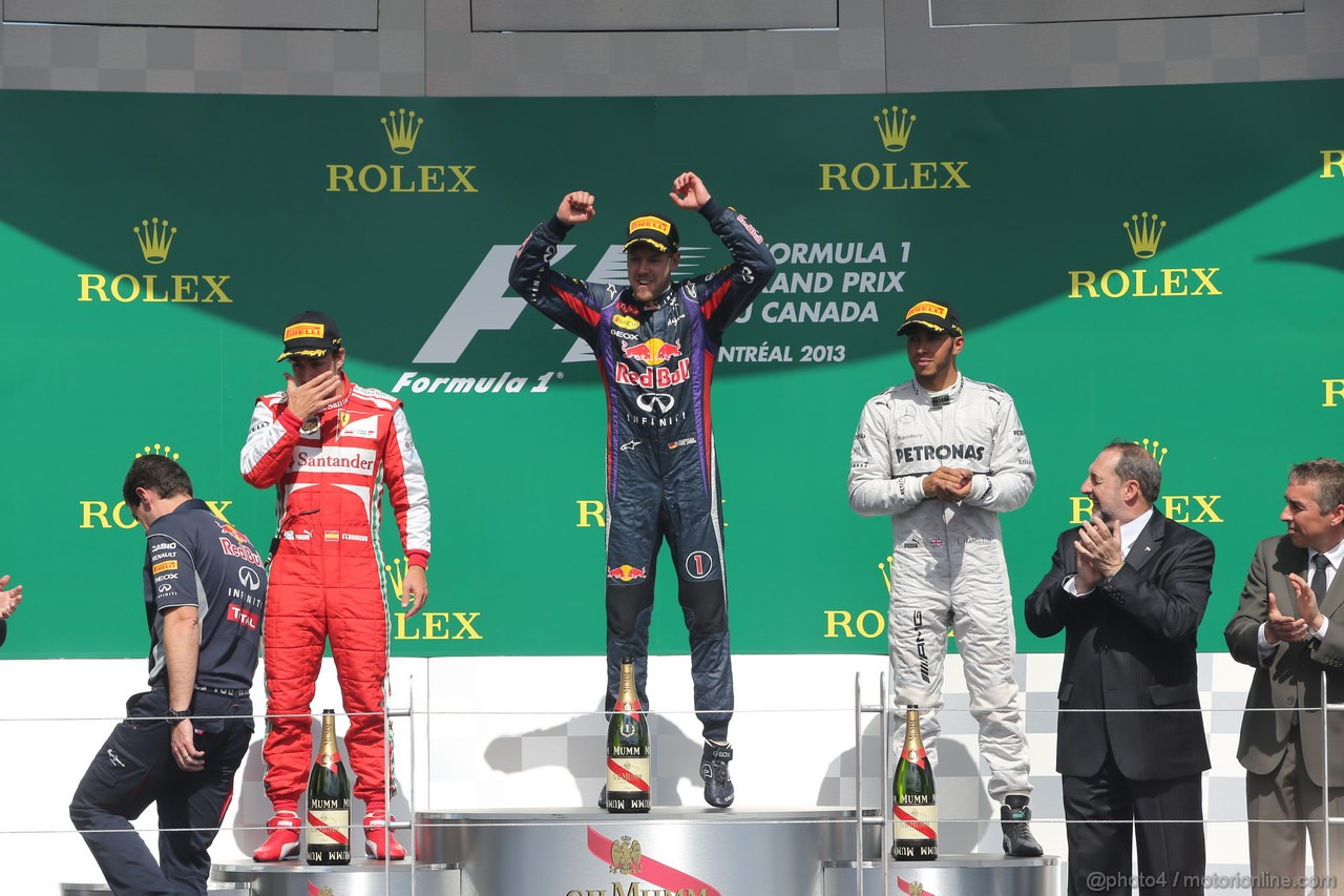 GP CANADA, 09.06.2013-  Podium: winner Sebastian Vettel (GER) Red Bull Racing RB9, 2nd Fernando Alonso (ESP) Ferrari F138, 3rd Lewis Hamilton (GBR) Mercedes AMG F1 W04