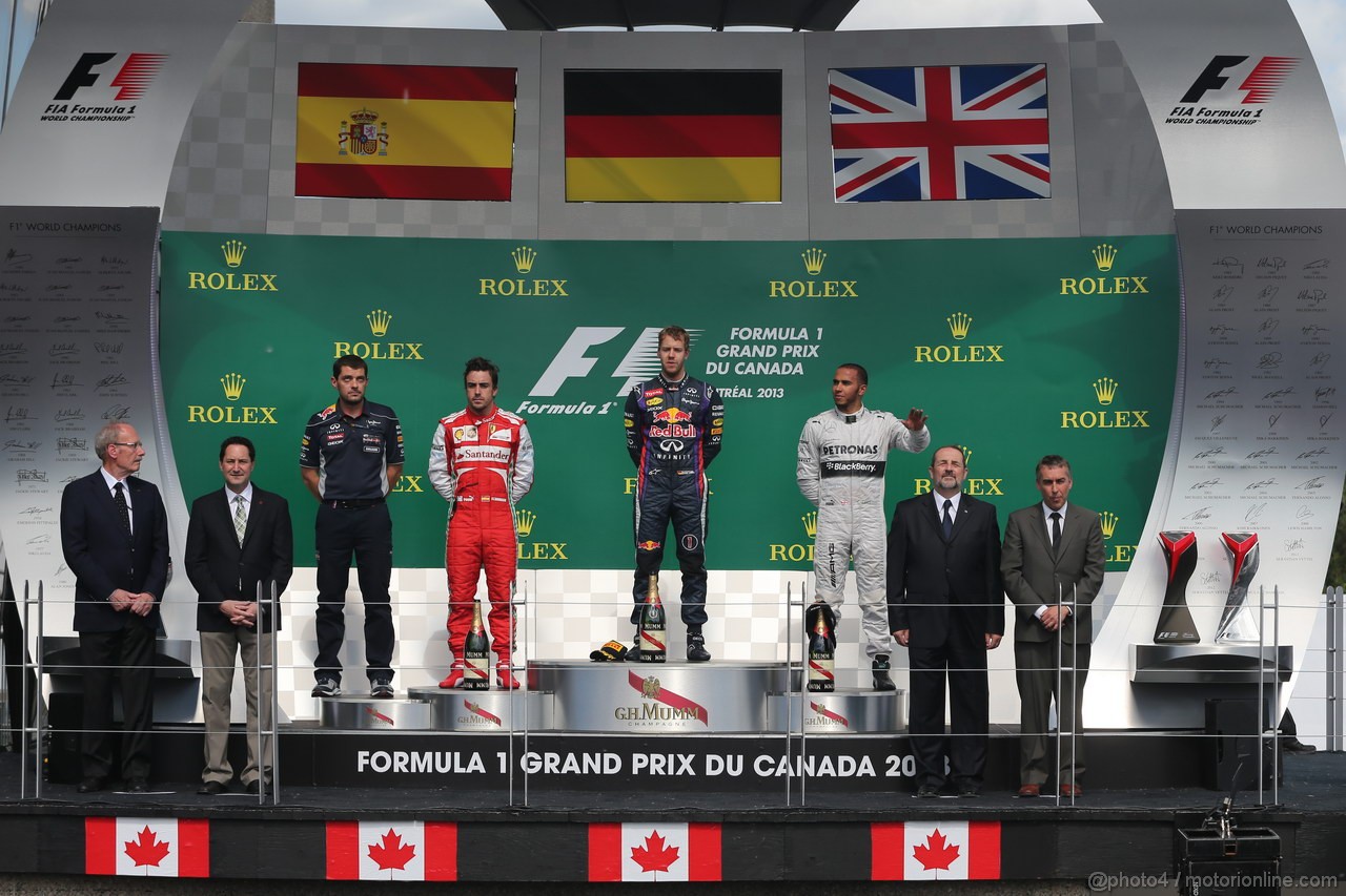 GP CANADA, 09.06.2013-  Podium: winner Sebastian Vettel (GER) Red Bull Racing RB9, 2nd Fernando Alonso (ESP) Ferrari F138, 3rd Lewis Hamilton (GBR) Mercedes AMG F1 W04