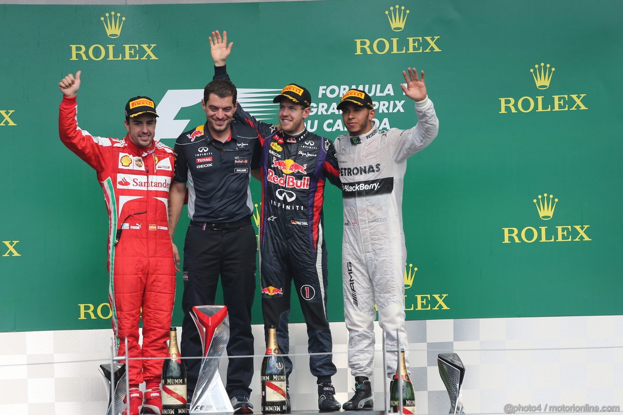 GP CANADA, 09.06.2013-  Podium: winner Sebastian Vettel (GER) Red Bull Racing RB9, 2nd Fernando Alonso (ESP) Ferrari F138, 3rd Lewis Hamilton (GBR) Mercedes AMG F1 W04