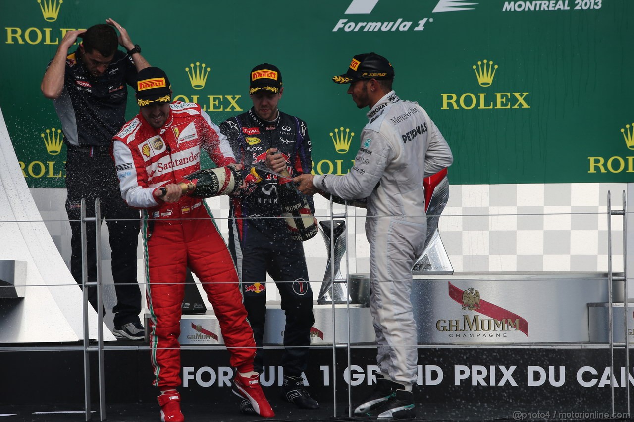 GP CANADA, 09.06.2013-  Podium: winner Sebastian Vettel (GER) Red Bull Racing RB9, 2nd Fernando Alonso (ESP) Ferrari F138, 3rd Lewis Hamilton (GBR) Mercedes AMG F1 W04